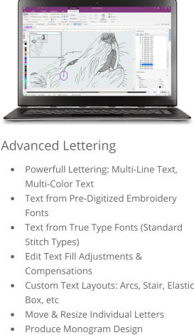 Advanced Lettering •	Powerfull Lettering: Multi-Line Text, Multi-Color Text •	Text from Pre-Digitized Embroidery Fonts •	Text from True Type Fonts (Standard Stitch Types) •	Edit Text Fill Adjustments & Compensations •	Custom Text Layouts: Arcs, Stair, Elastic Box, etc •	Move & Resize Individual Letters •	Produce Monogram Design