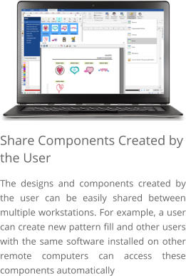 Share Components Created by the User The designs and components created by the user can be easily shared between multiple workstations. For example, a user can create new pattern fill and other users with the same software installed on other remote computers can access these components automatically