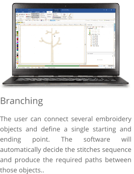 Branching The user can connect several embroidery objects and define a single starting and ending point. The software will automatically decide the stitches sequence and produce the required paths between those objects..